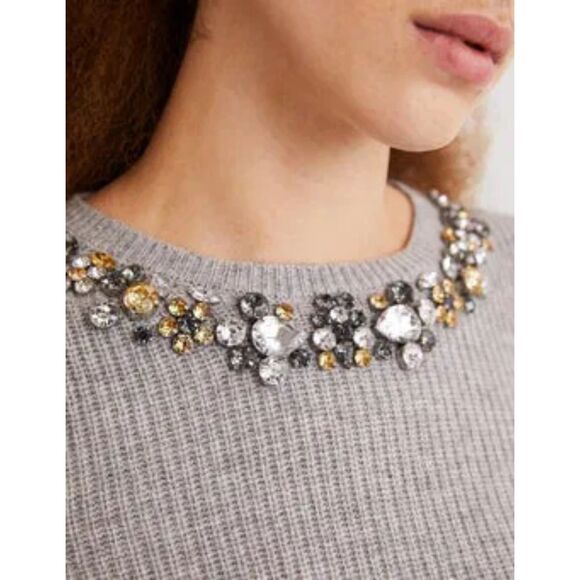 Boden Jeweled Neckline Ribbed Sweater - Gray 8 - Picture 3 of 10